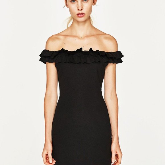 NWOT ZARA BLACK OFF SHOULDER RUFFLE BODYCON DRESS - Picture 2 of 8